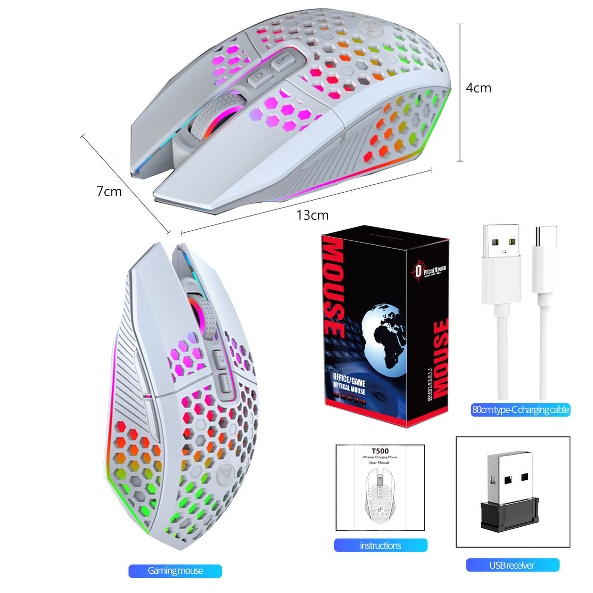 Lightweight honeycomb gaming mouse, wireless rechargeable LED mouse for computers, laptops, and office use