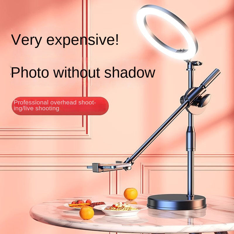 Mobile Phone Overhead Shooting Stand for Food Photography, Drawing, and Live Streaming - Adjustable Dual-Camera Position Desktop Phone Holder with Fill Light