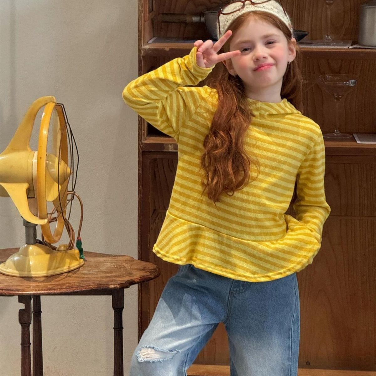 Cute Children's Yellow Striped Hooded T-shirt for Girls, Casual Top with Hooded Design