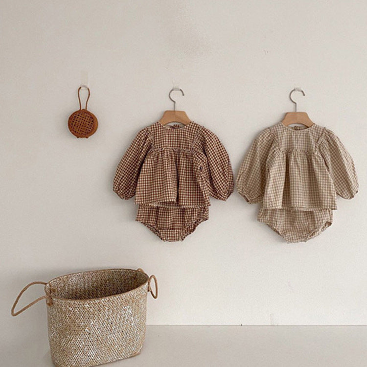 Baby Long Sleeve Plaid Puff Sleeve Top and Three-Point Pants Set