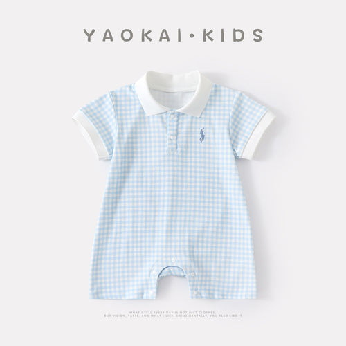 Baby Stylish Plaid Polo Romper Casual Versatile Breathable Knit Short Sleeve Onesie
