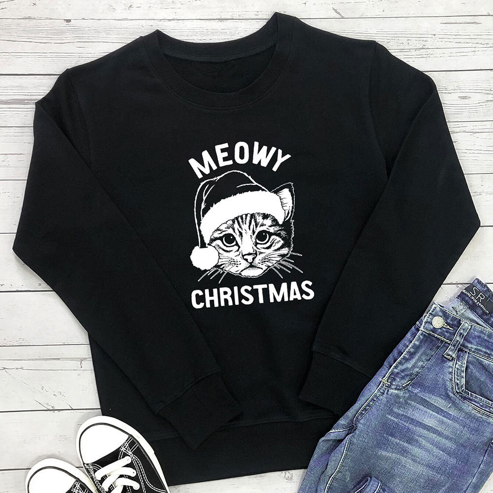 Letter printed cat round neck hoodie