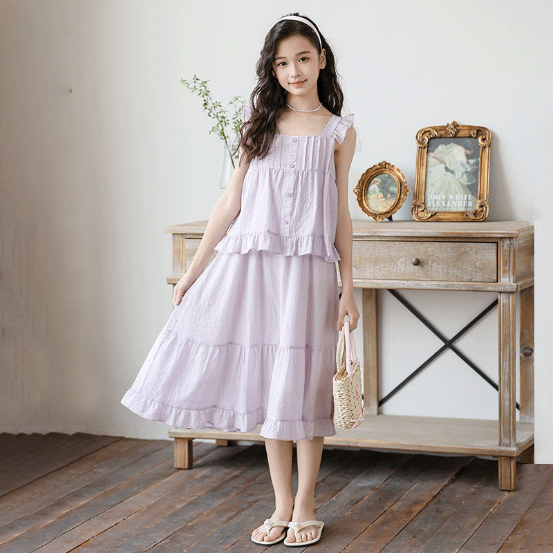 Cute Floral Trimmed Strap Dress for Girls Two-Piece Style Elegant Dress for Kids
