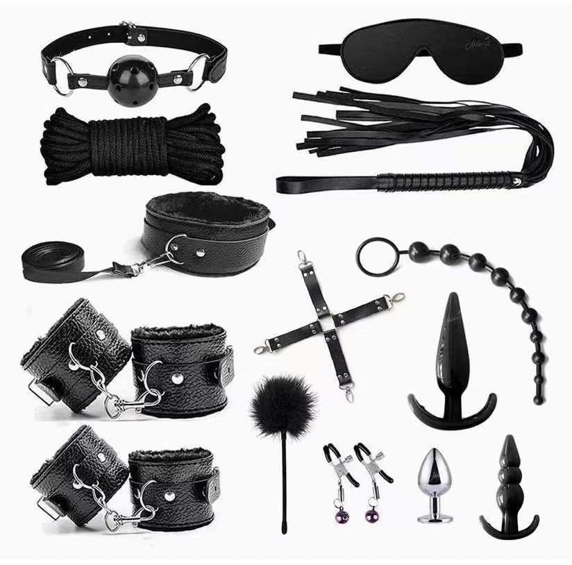Kit Bondage Completo 14 Peças Couro e Peludo com Plug Anal | SM Adultos (+18)