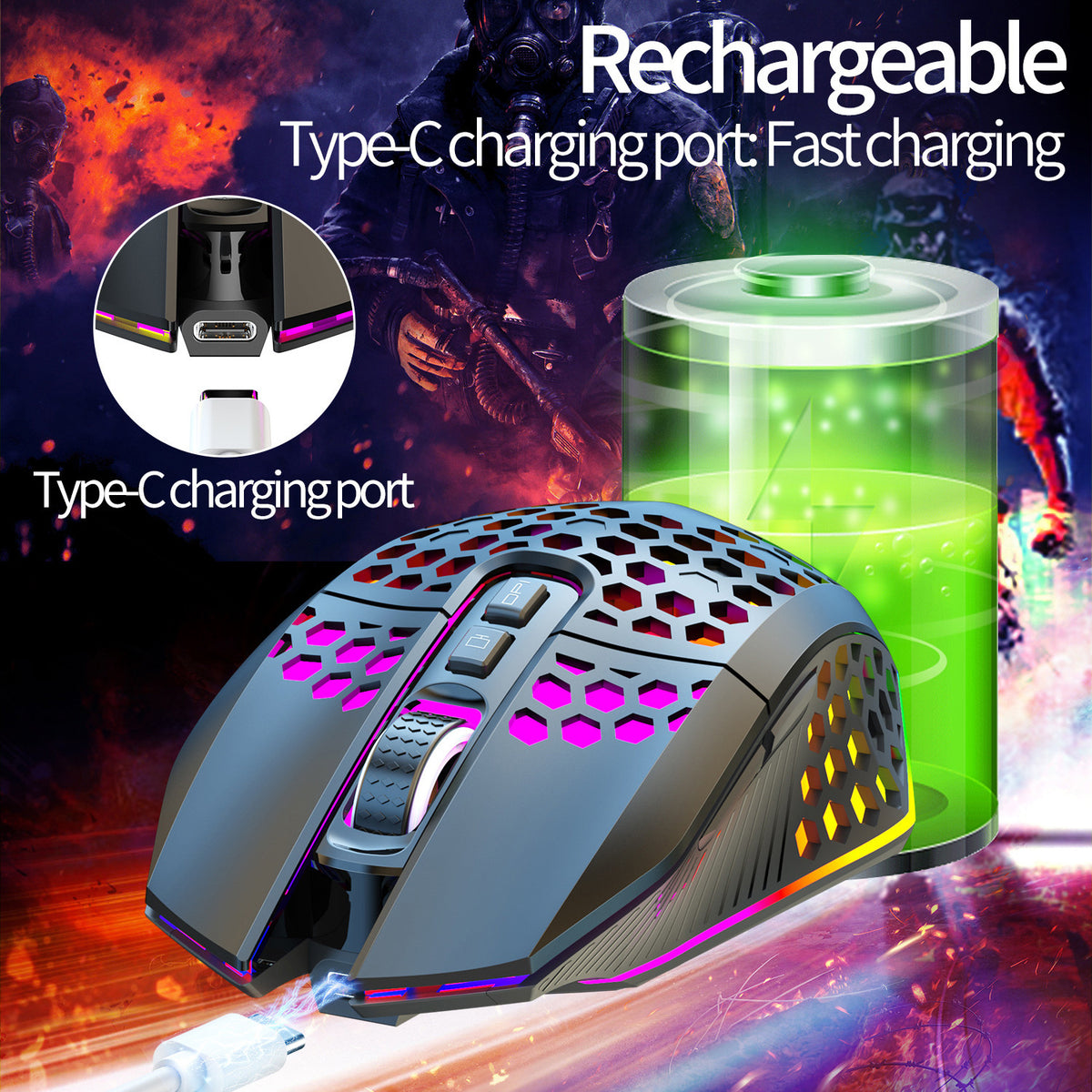 Lightweight honeycomb gaming mouse, wireless rechargeable LED mouse for computers, laptops, and office use