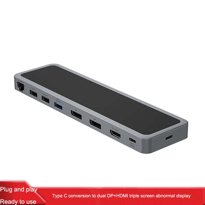 Type-C docking station with 4K60Hz dual-display output, supporting extended mode for multi-monitor setups with dual DP and HDMI ports.