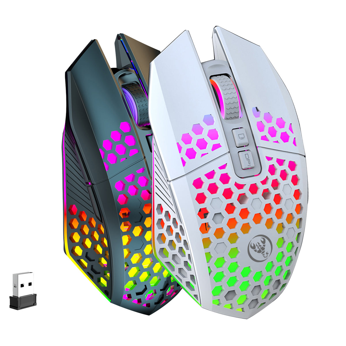 Lightweight honeycomb gaming mouse, wireless rechargeable LED mouse for computers, laptops, and office use