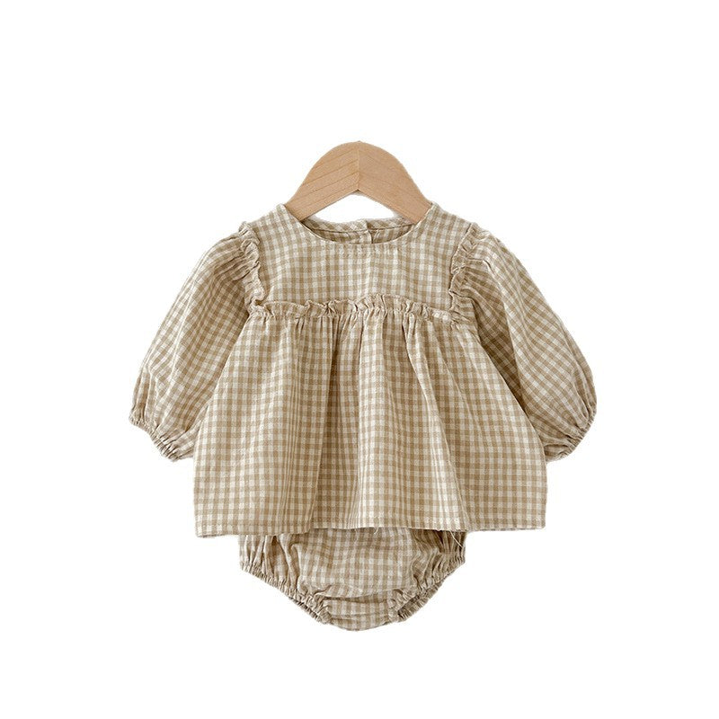 Baby Long Sleeve Plaid Puff Sleeve Top and Three-Point Pants Set