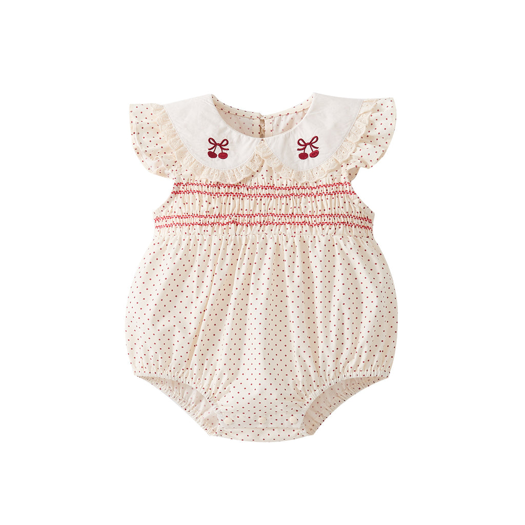 Cotton Polka Dot Sweet Flutter Sleeve Romper Girl Baby Peter Pan Collar Embroidered Cool Onesie