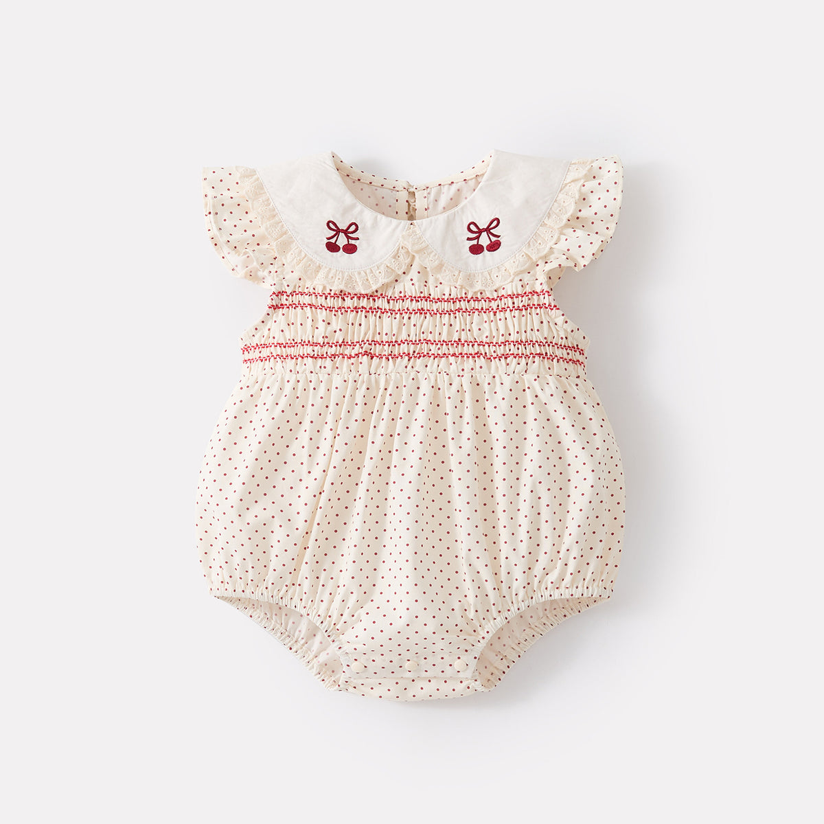 Cotton Polka Dot Sweet Flutter Sleeve Romper Girl Baby Peter Pan Collar Embroidered Cool Onesie