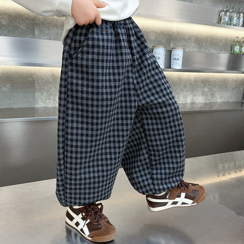 Boys Plaid Casual Tapered Long Pants Spring Autumn Checkered Trousers