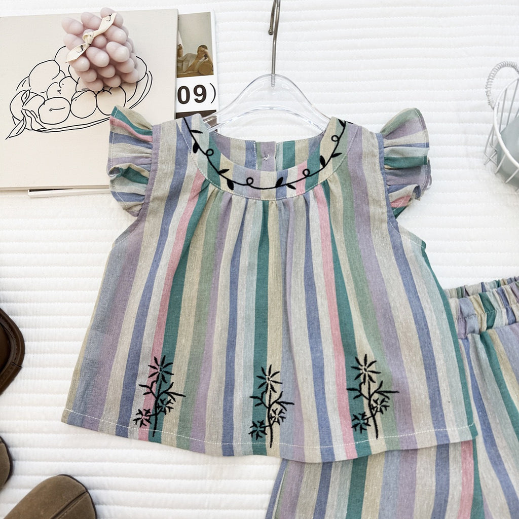 Summer Girls' Outfit Set New Stripe Sleeveless Top with Embroidery Flower Shorts Casual Two-Piece Set