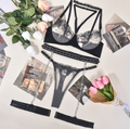 Conjunto Lingerie Bordada 5 Peças com Colar Metálico — Preto | Adultos (+18)