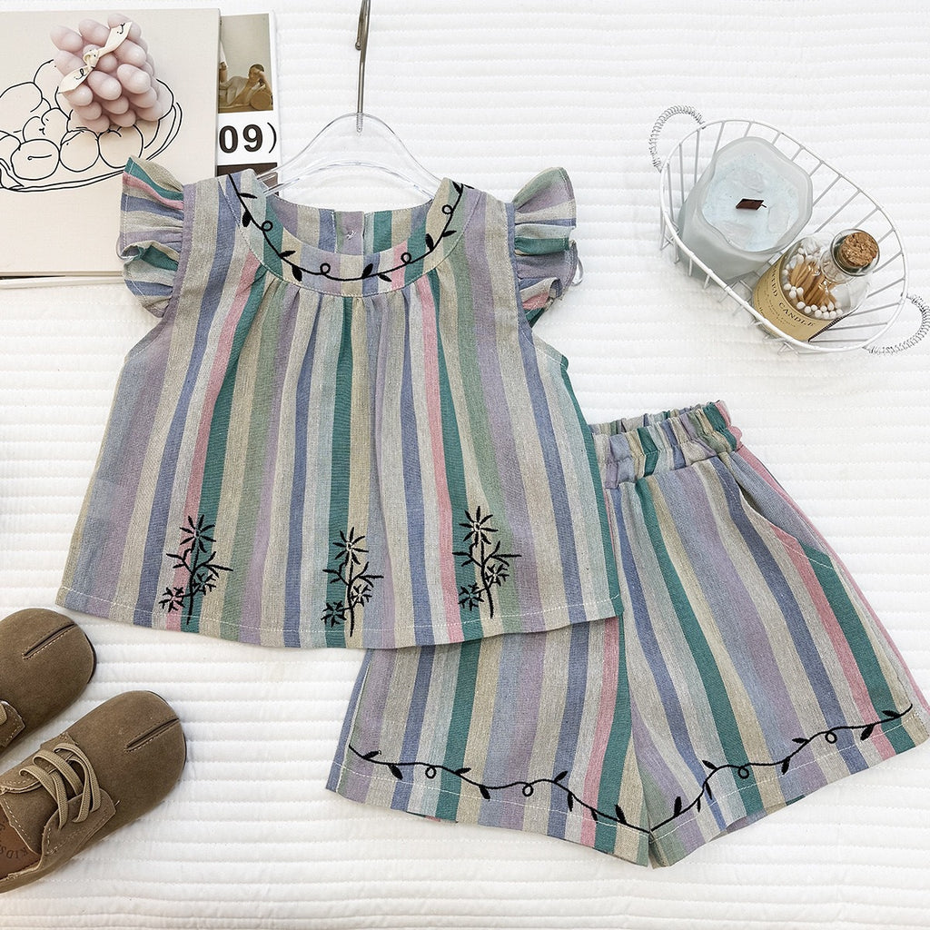 Summer Girls' Outfit Set New Stripe Sleeveless Top with Embroidery Flower Shorts Casual Two-Piece Set