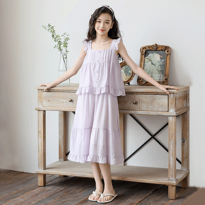 Cute Floral Trimmed Strap Dress for Girls Two-Piece Style Elegant Dress for Kids