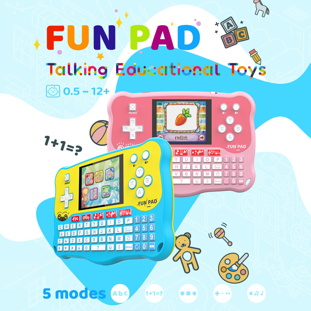 Multifunctional children's tablet: alphanumeric, music, and voice learning early education device for puzzle games.