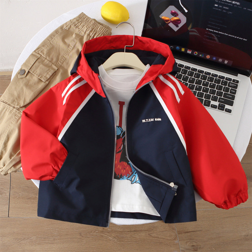 Boys' Casual Sports Color-block Zipper Hooded Jacket