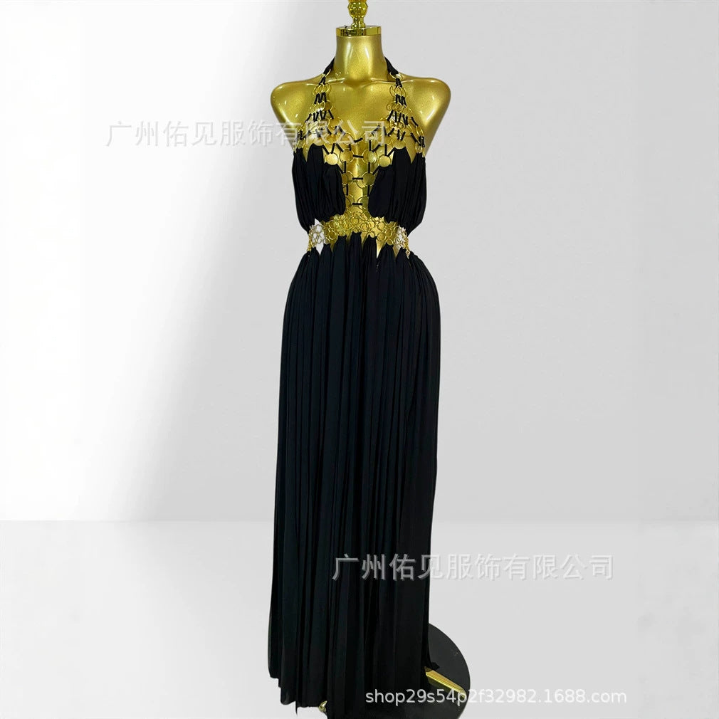 Sexy Halter Maxi Dress – V-Neck, Cut-Outs and Metal Ring | Party and Gala