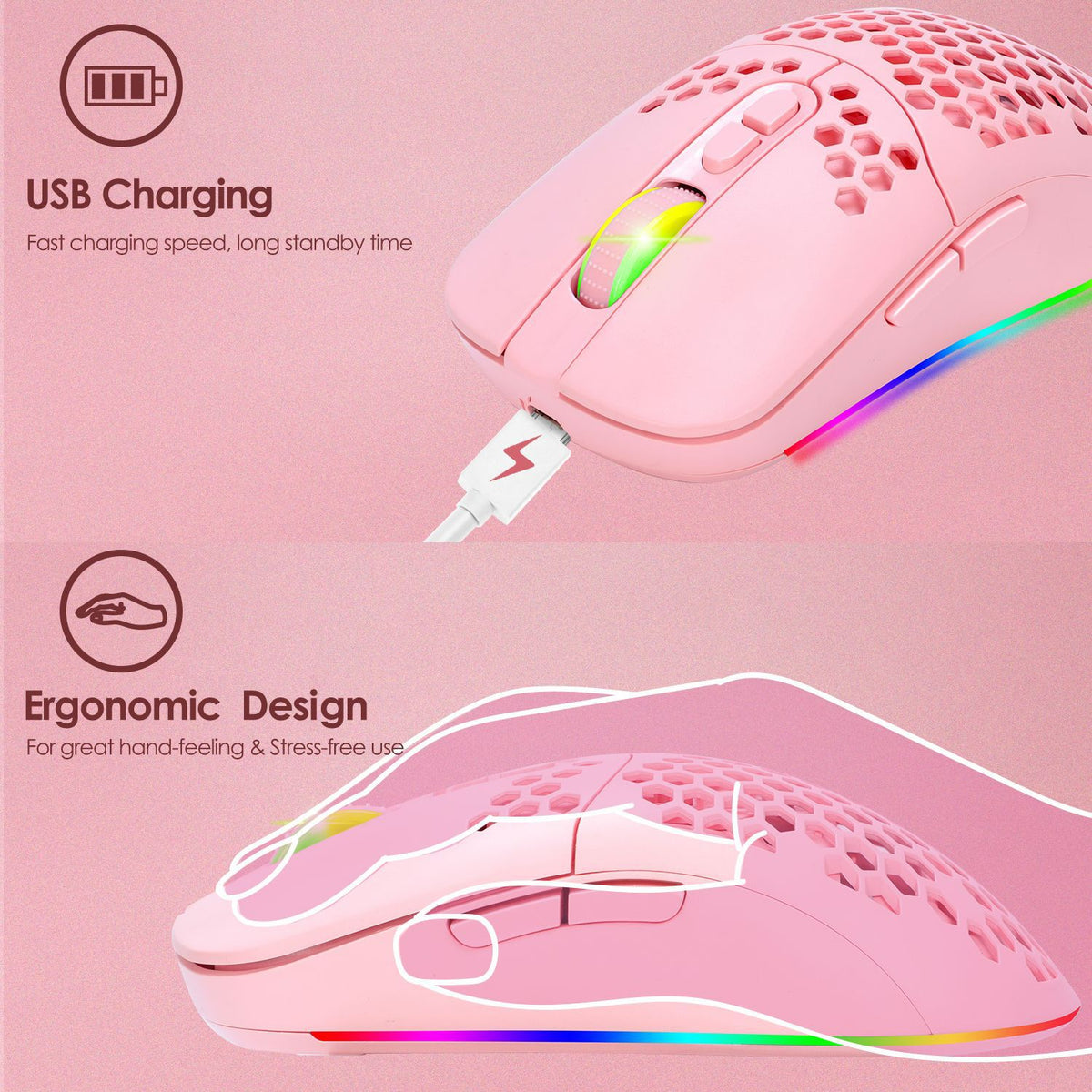 Rechargeable third mock examination Bluetooth wireless mouse, lightweight, silent, honeycomb, RGB luminous pink mouse