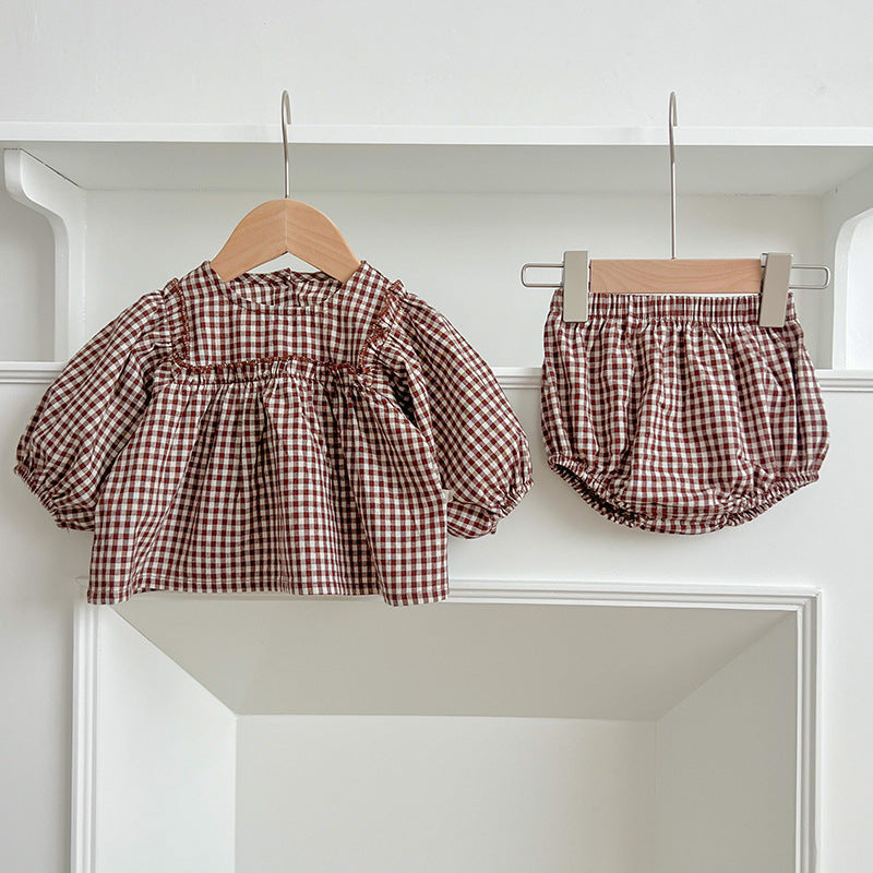 Baby Long Sleeve Plaid Puff Sleeve Top and Three-Point Pants Set