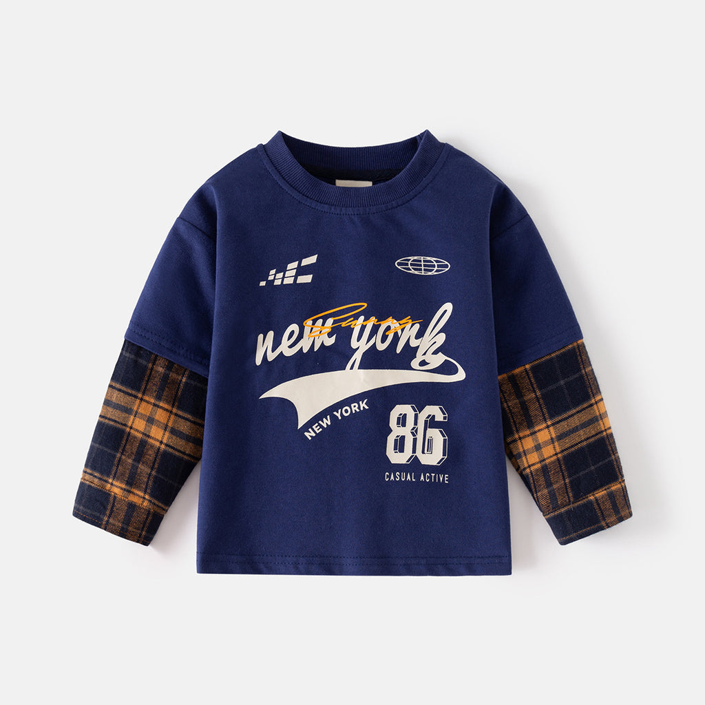 Pure Cotton Mock Two-Piece T-Shirt Long Sleeve Base Layer for Kids