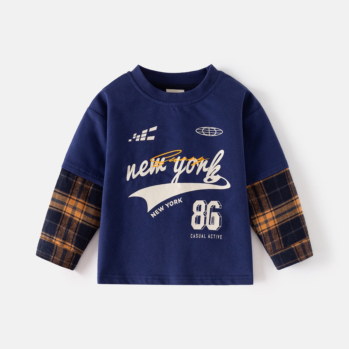 Pure Cotton Mock Two-Piece T-Shirt Long Sleeve Base Layer for Kids