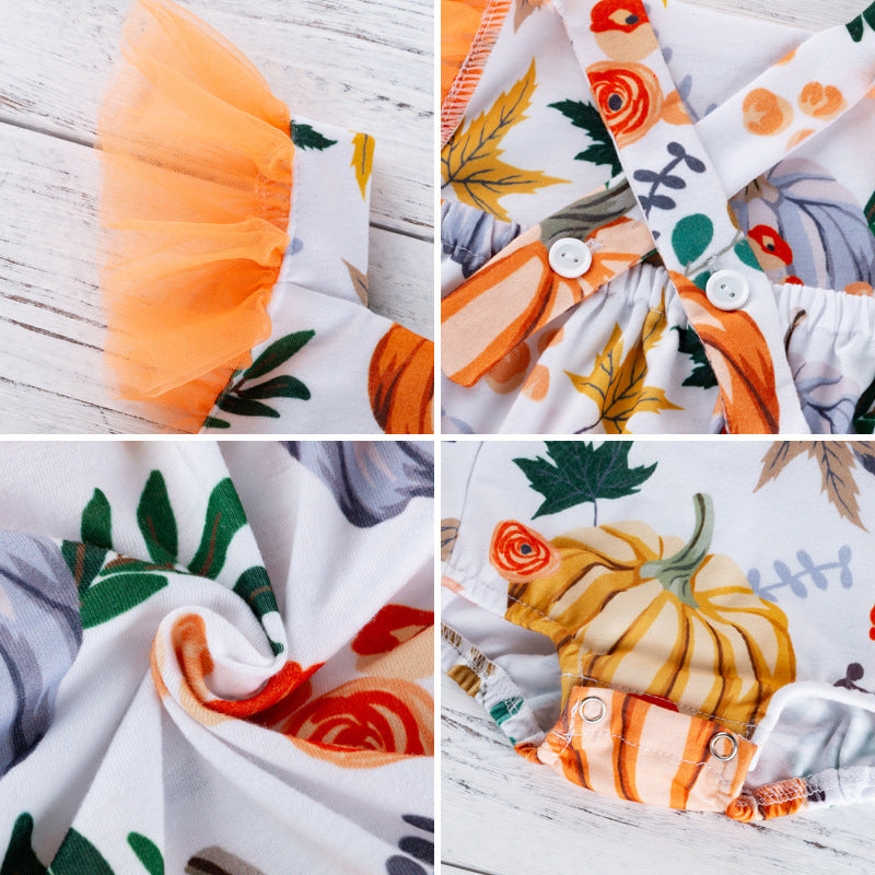 Cute Baby Girl Halloween Printed Pumpkin Cotton Bodysuit Fashion Flutter Sleeve Back Cross Bodysuit