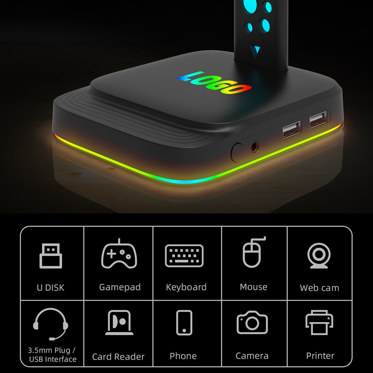 Headphone holder RGB Amazon hot item color changing luminous dazzling esports RGB headphone holder with AUX 3.5mm