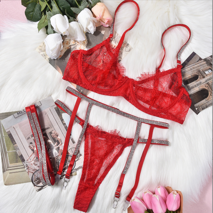 Conjunto Lingerie Sexy 4 Peças em Renda com Aro — 4 Cores | Mulher (+18)
