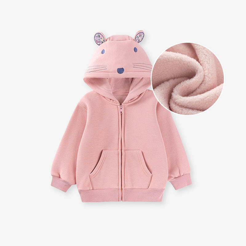 Children's Hoodie, Autumn Fleece Lined Solid Color Jacket, Cute Hooded Baby Top