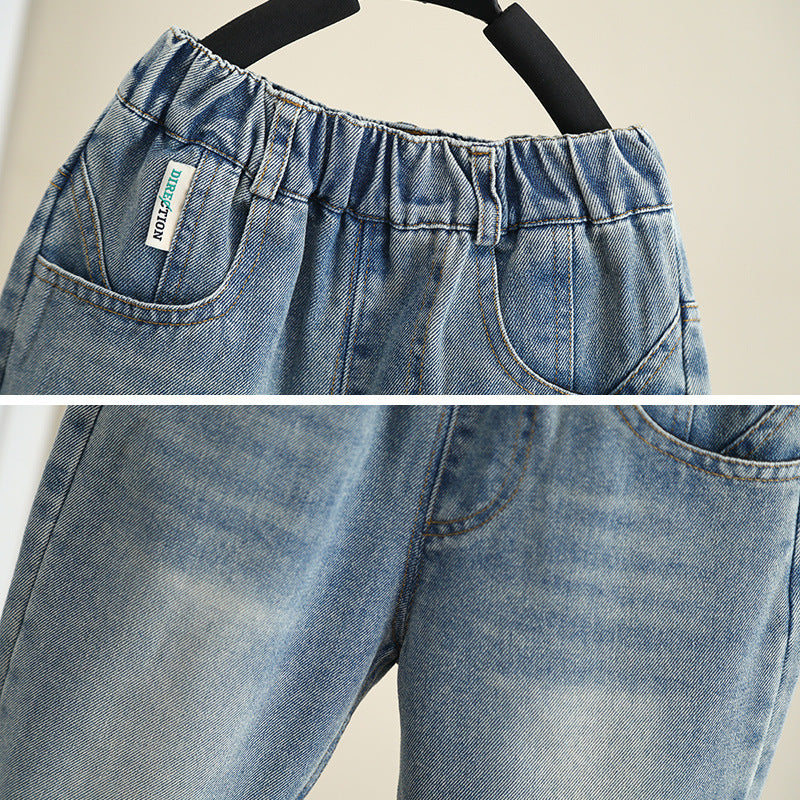 Casual Spring Autumn Boys Soft Denim Elastic Waist Casual Pants