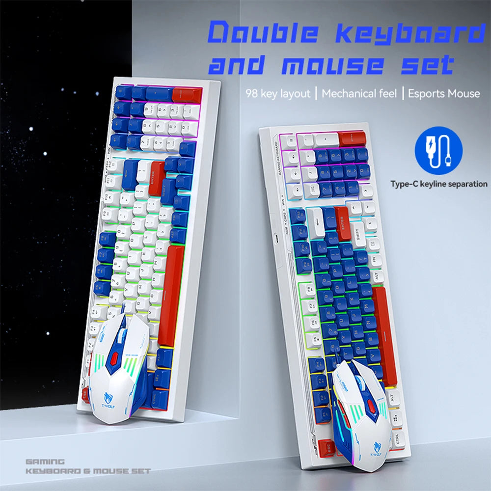 T-WOLF TF610 Gaming Keyboard and Mouse Set, Mech-Style Wired Esports Keyboard and Mouse, White and Blue Two-Tone