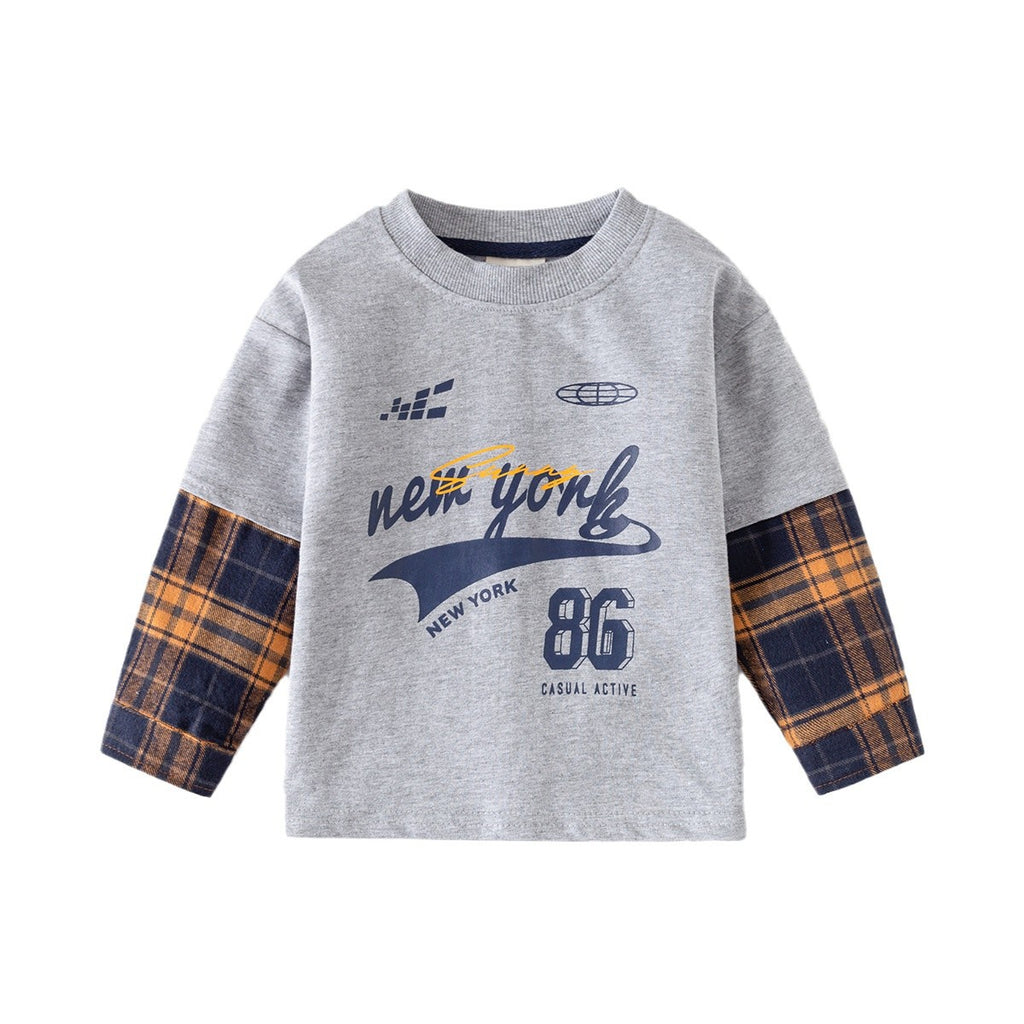 Pure Cotton Mock Two-Piece T-Shirt Long Sleeve Base Layer for Kids