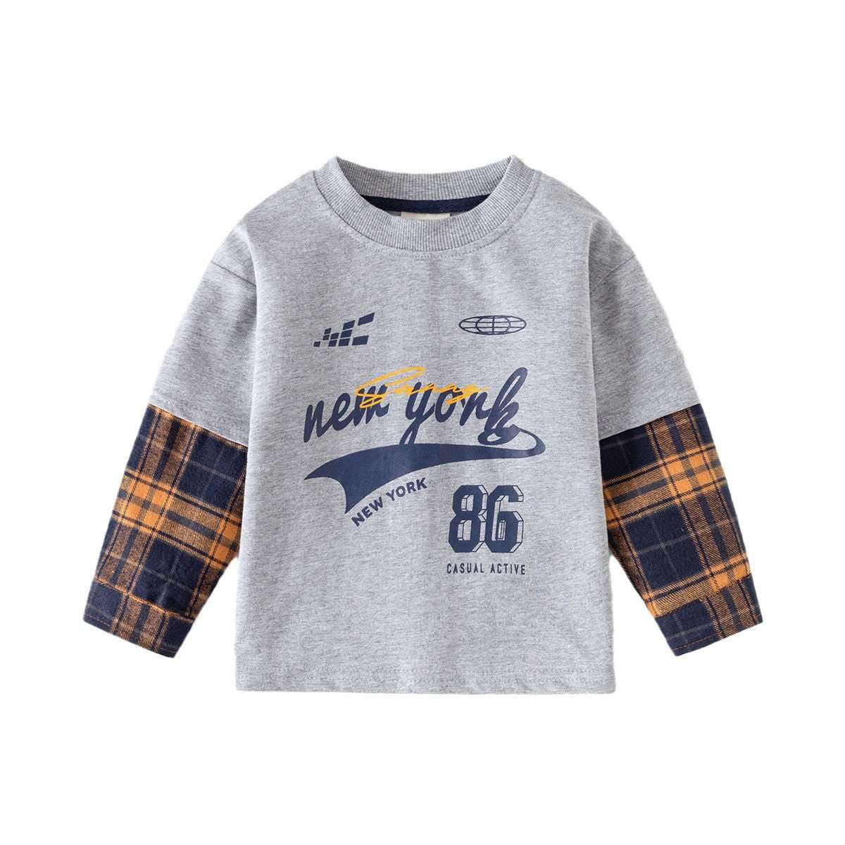 Pure Cotton Mock Two-Piece T-Shirt Long Sleeve Base Layer for Kids