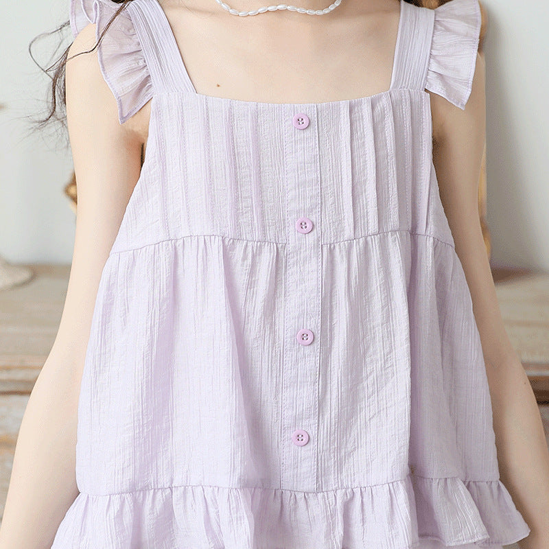 Cute Floral Trimmed Strap Dress for Girls Two-Piece Style Elegant Dress for Kids
