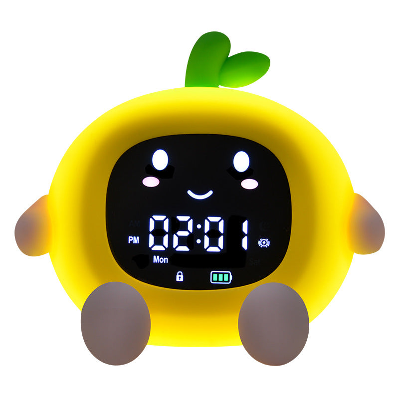 Relógio Despertador Fruta Lychee com Luz Noturna e Suporte de Telefóne — ABS + Silicone | Rosa ou Amarelo