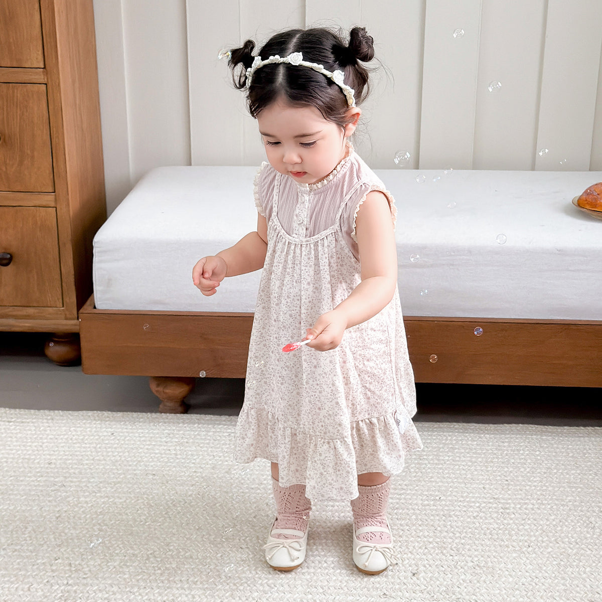 Summer Lightweight Dress for GirlsPrincess Style Home Wear Ink Wash Print Design