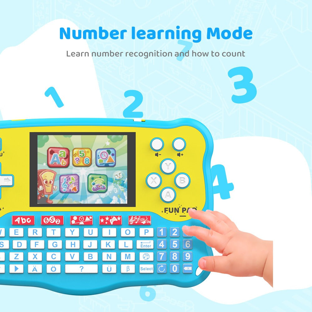 Multifunctional children's tablet: alphanumeric, music, and voice learning early education device for puzzle games.