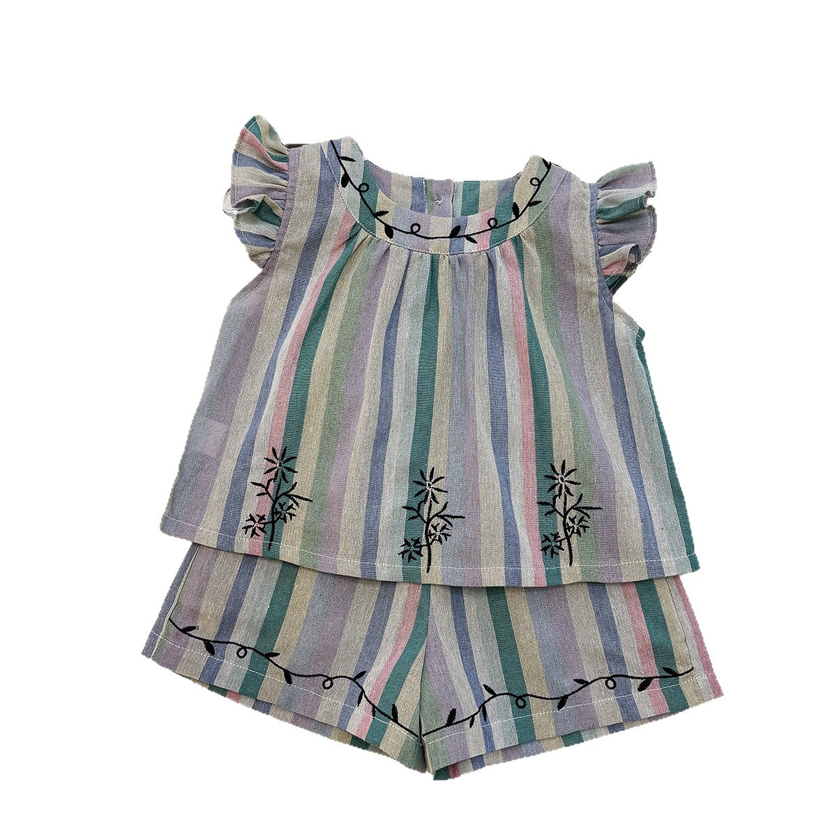 Summer Girls' Outfit Set New Stripe Sleeveless Top with Embroidery Flower Shorts Casual Two-Piece Set