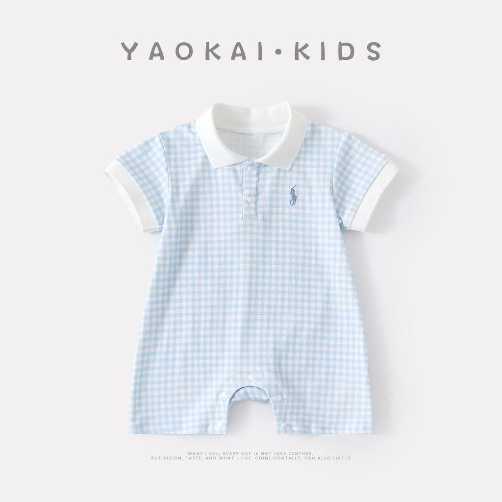 Baby Stylish Plaid Polo Romper Casual Versatile Breathable Knit Short Sleeve Onesie