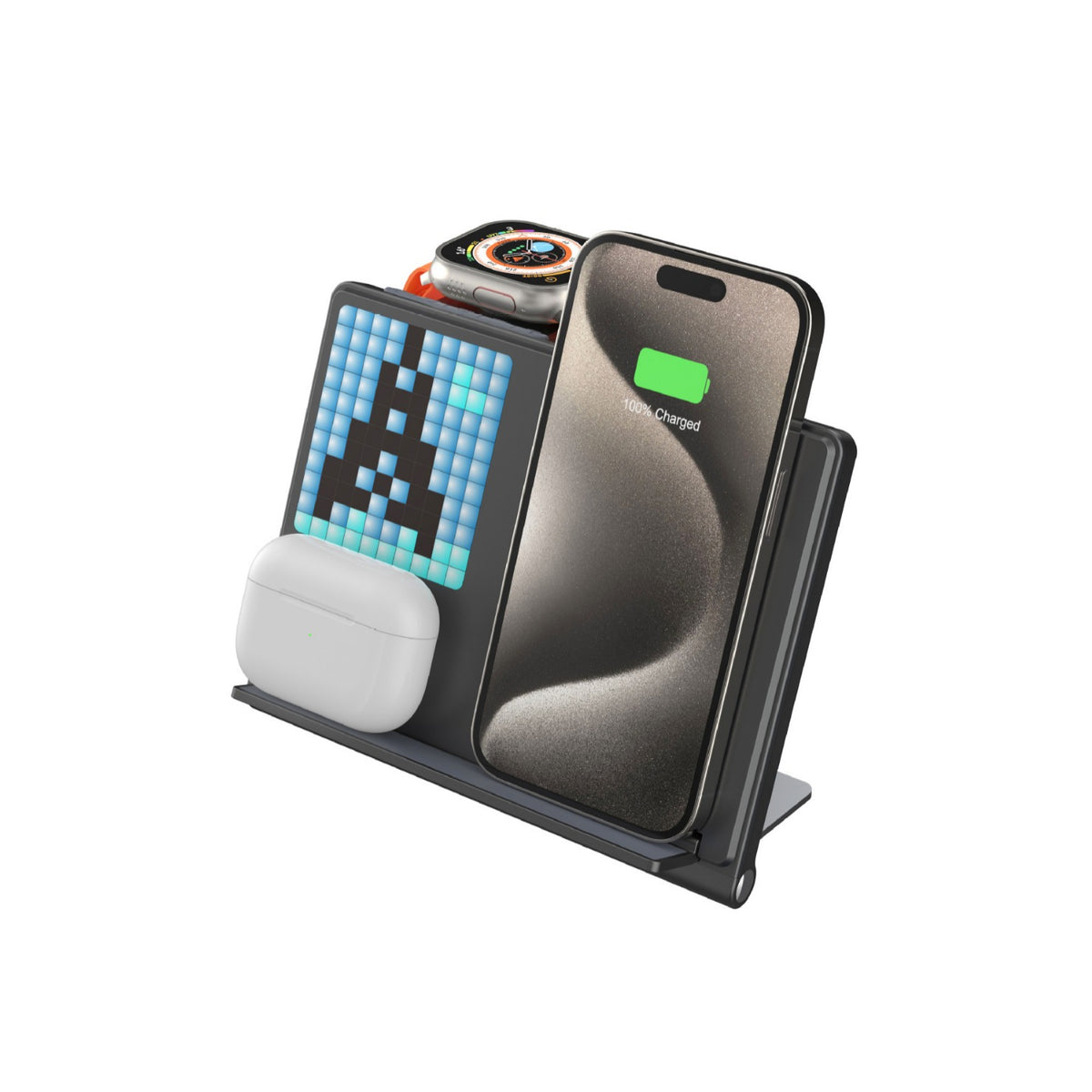 Trending Products Portable 5-in-1 Pixel Animation Foldable Wireless Charging Stand for Mobile Phones, Smartwatches, and Earphones