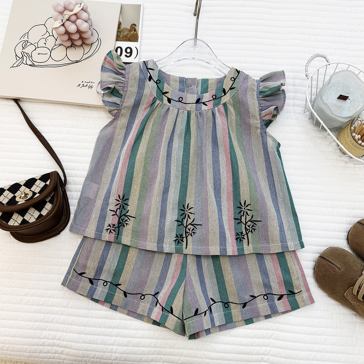Summer Girls' Outfit Set New Stripe Sleeveless Top with Embroidery Flower Shorts Casual Two-Piece Set