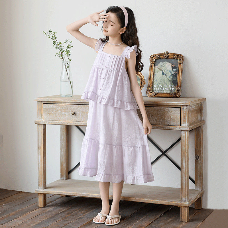 Cute Floral Trimmed Strap Dress for Girls Two-Piece Style Elegant Dress for Kids