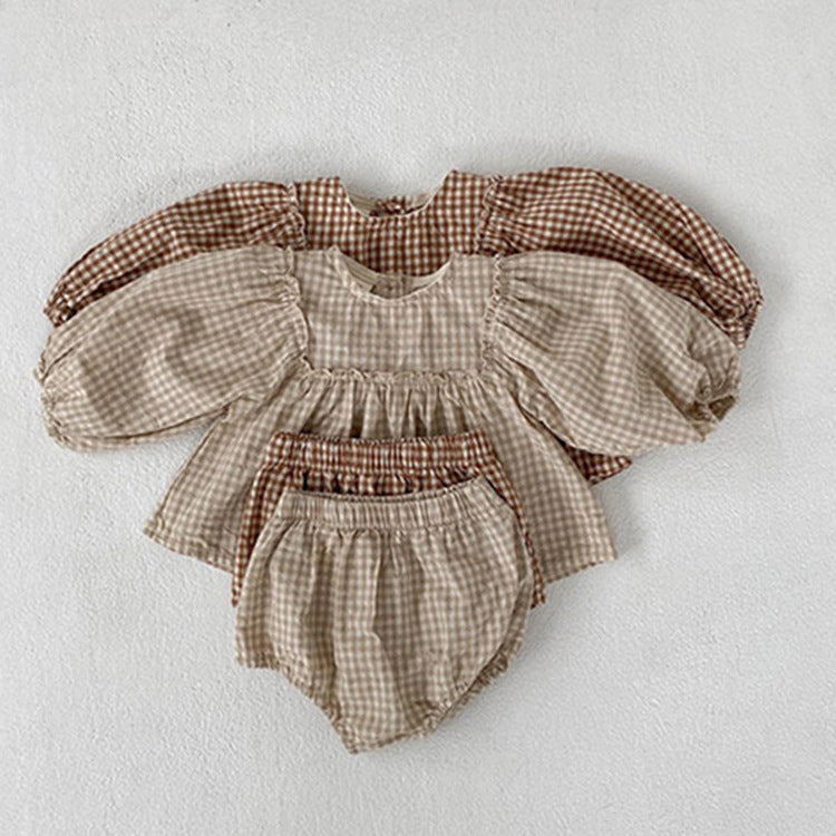 Baby Long Sleeve Plaid Puff Sleeve Top and Three-Point Pants Set