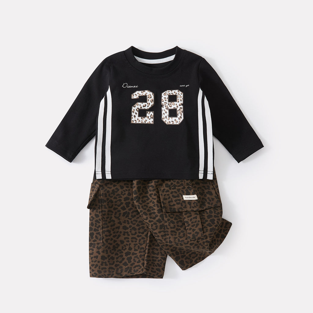 Number Print Top, Boy's Fashion Leopard Print Loose Wide Leg Pants Two-Piece Set