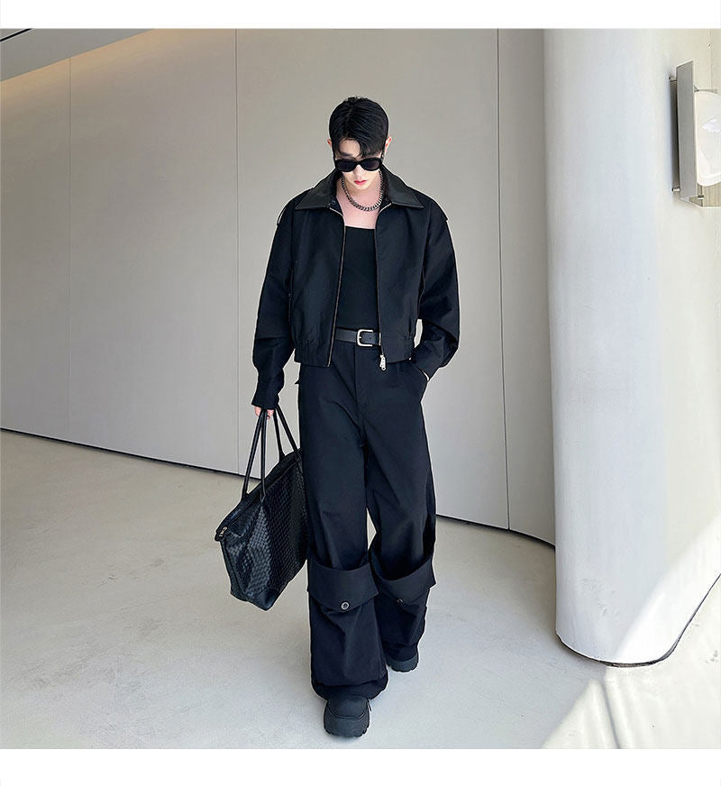 Men's Casual Cropped Collar Leather Patch Jacket &amp; Wide Leg Cargo Pants 2-Piece Set
