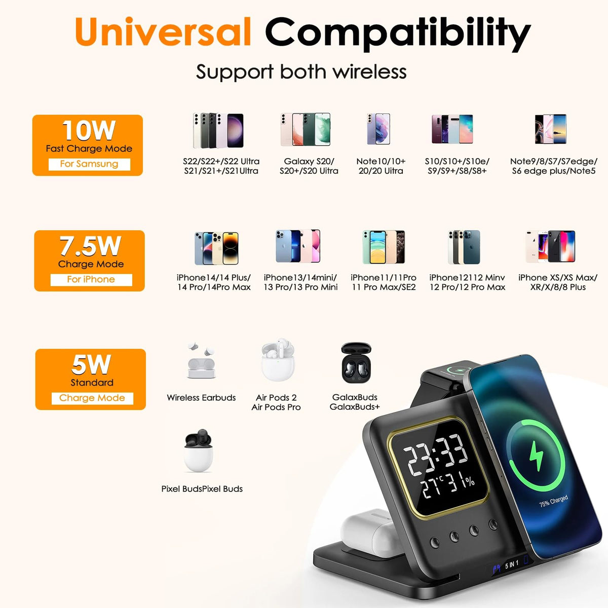 Phone Stand Tabletop 15w Fast Charging 5 in One Universal Wireless Charger Desk Charger for Iphone