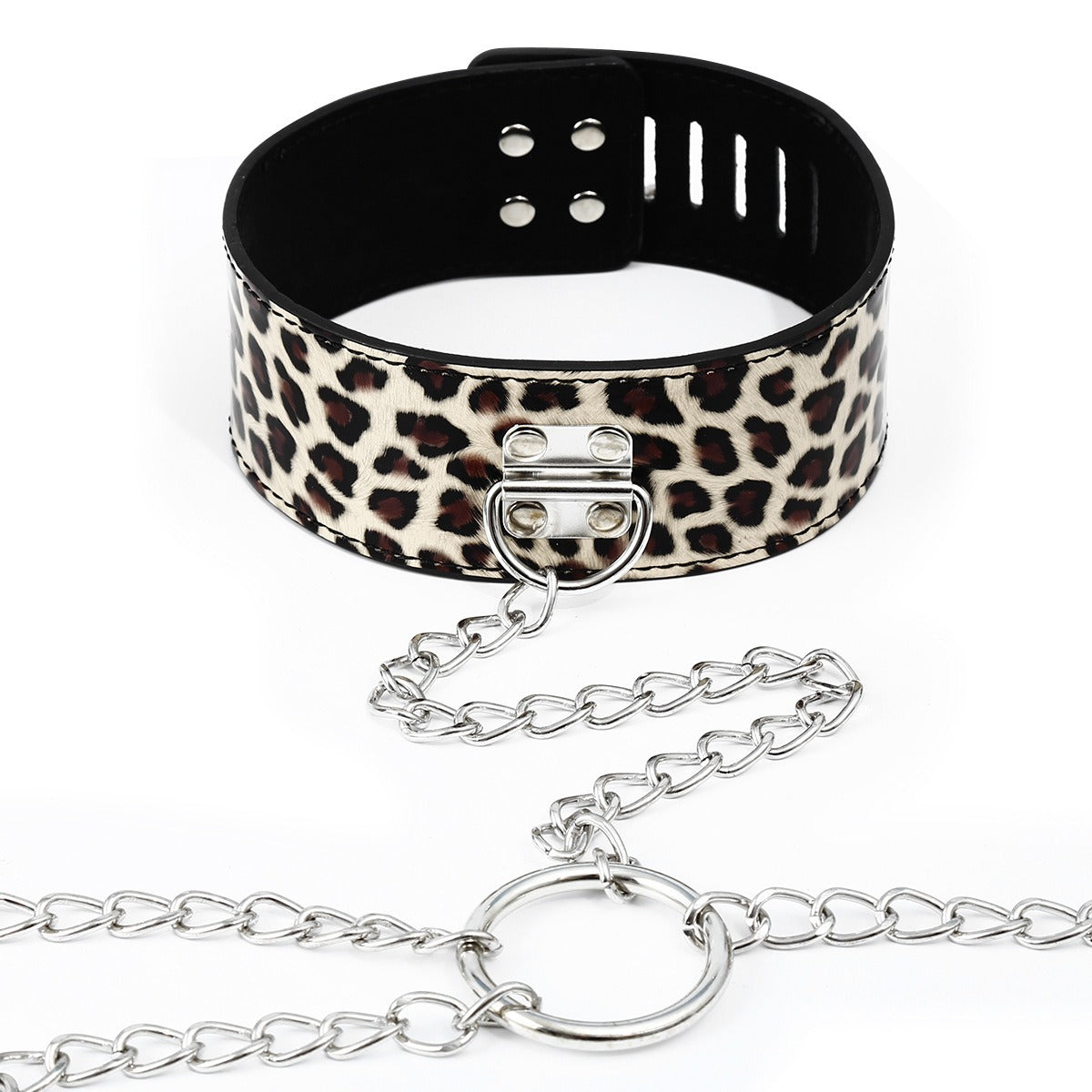 Kit Bondage em Couro Léopard — Colar, Algemas e Restrição | SM Adultos (+18)