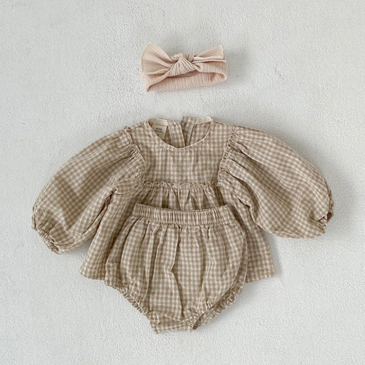 Baby Long Sleeve Plaid Puff Sleeve Top and Three-Point Pants Set