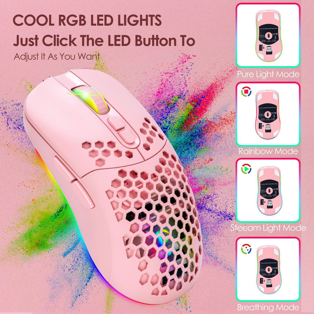 Rechargeable third mock examination Bluetooth wireless mouse, lightweight, silent, honeycomb, RGB luminous pink mouse